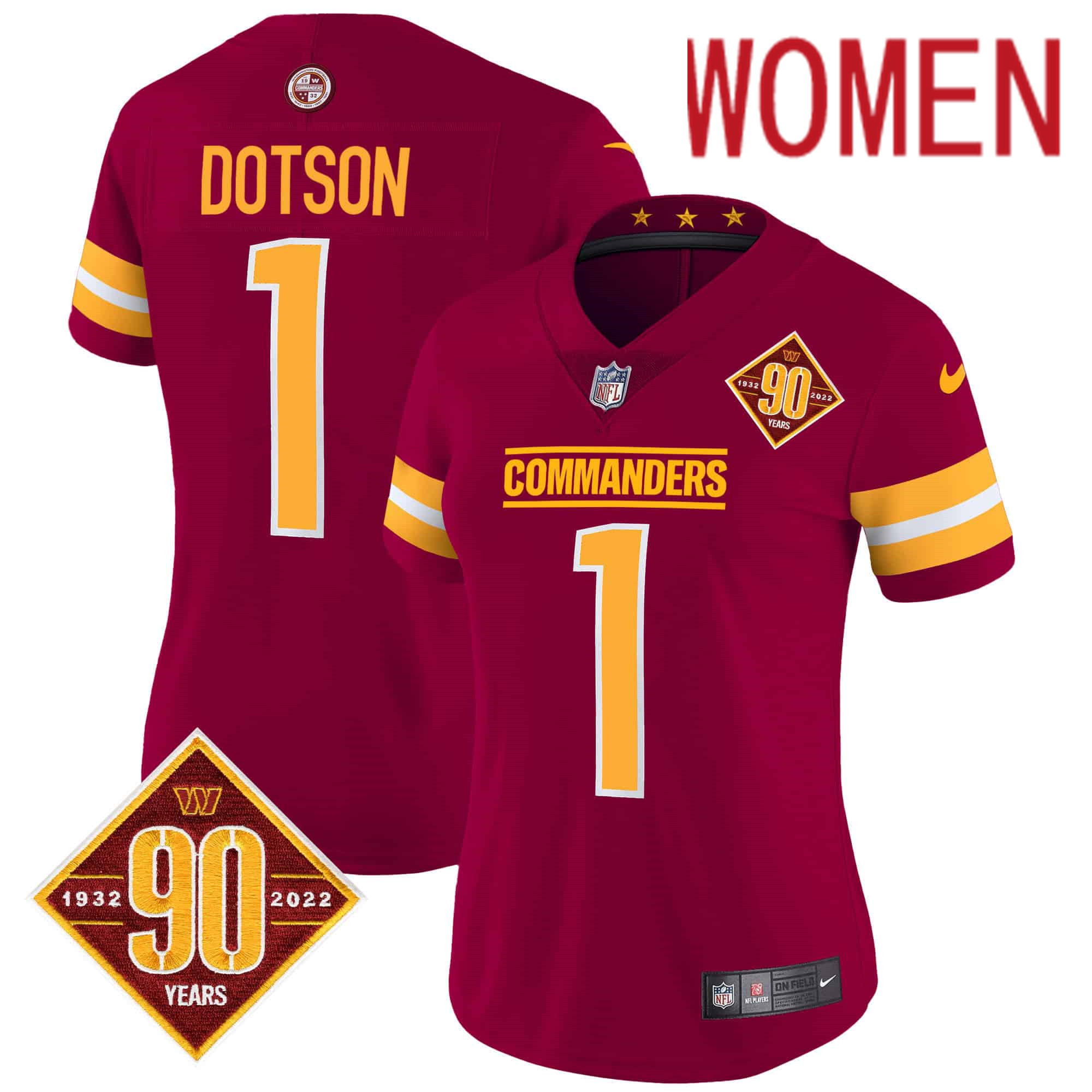 Women Washington Commanders 1 Dotson Red 90th Anniversary Patch 2024 Nike Vapor Limited NFL Jersey style 1